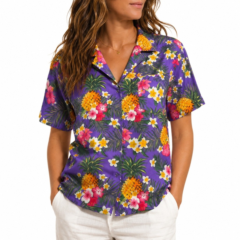 King Kameha Purple Hawaiian Shirt Pineapple Hibiscus‎ Floral Button Down 2XL